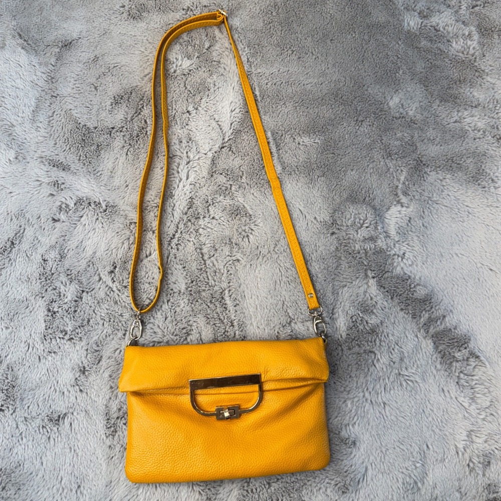 Sondra‎ Roberts Yellow Pebbled Leather Foldover Crossbody Bag Gold Hardware